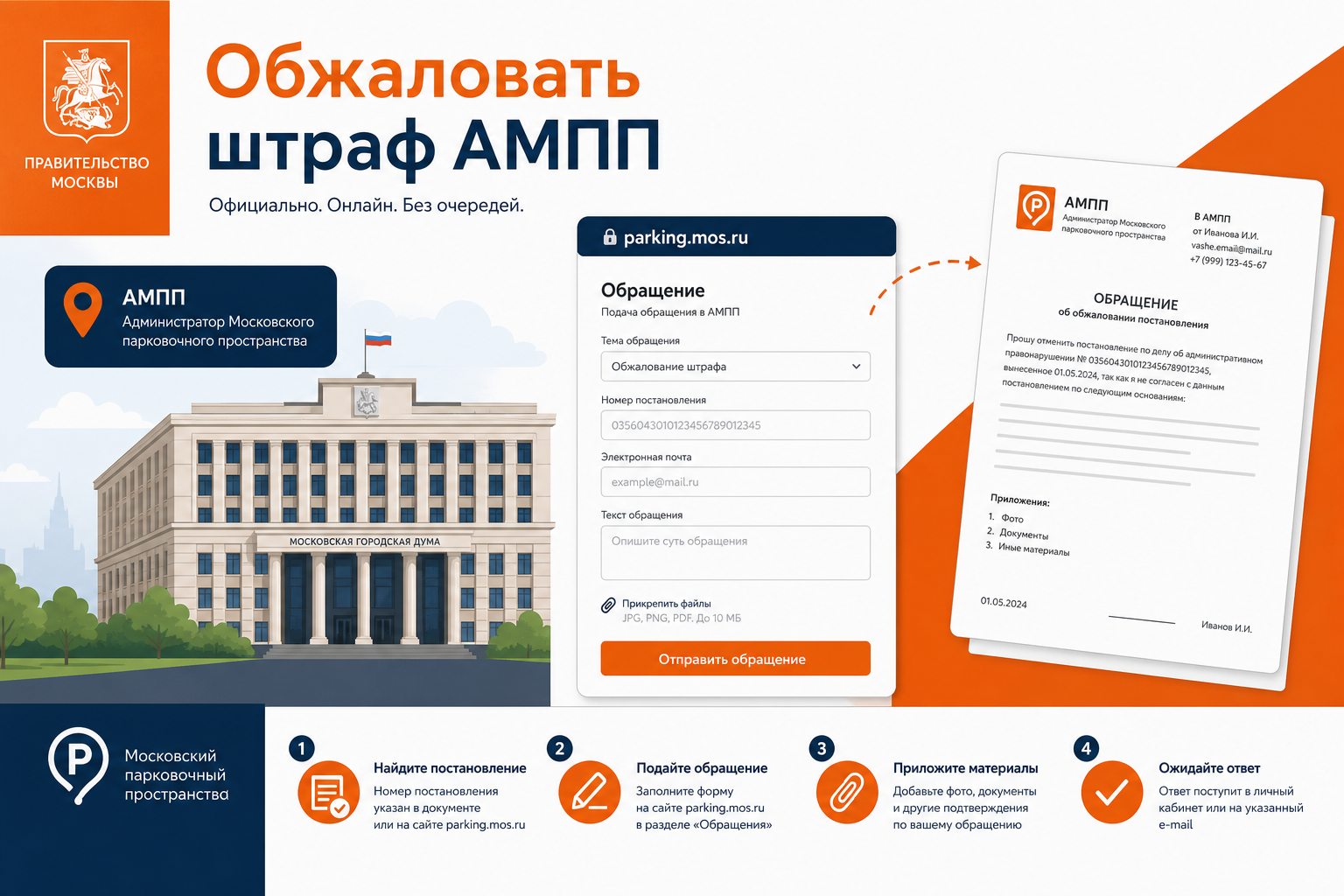 Жалобу в АМПП удобнее подать через mos.ru — приложите скан подписанного заявления и доказательства оплаты парковки