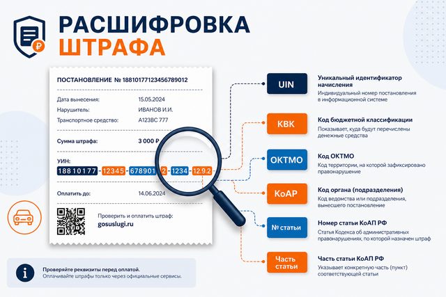 Расшифровка штрафа: УИН, КБК, статья КоАП и поля квитанции